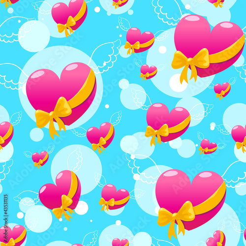 Seamless pattern with Flying pink hearts on a blue background