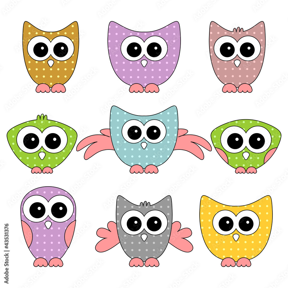 A set of cute childlike owls A set of cute childlike owls