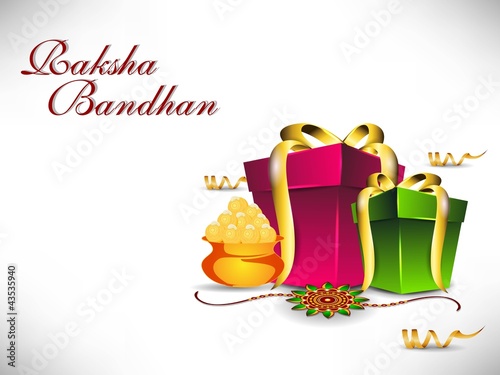 Raksha Bandhan theme with gift boxes, sweets and Rakhi. EPS 10. photo