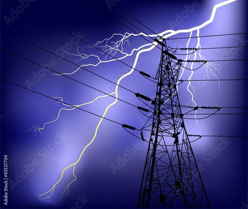 electrical pylon with cables under lightning