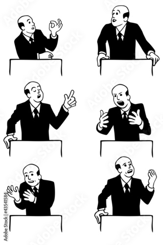 black and white illustration of a man making a speach