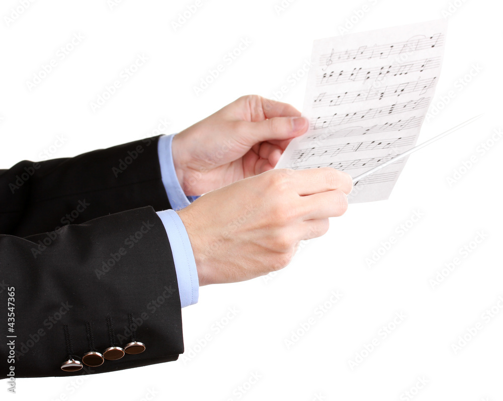 Fototapeta premium Music conductor hands with baton and notes isolated on white