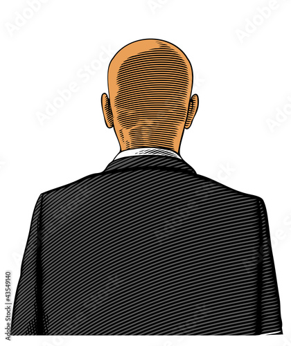 Bald man in suit from back or rear view in engraved style