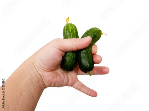Cucumber in a hand on a white background