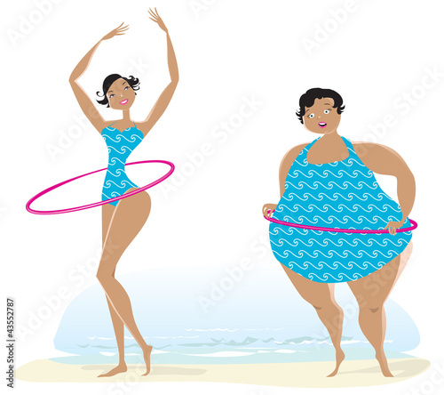 Slim and big girls exercising
