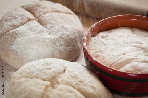 dough with rolling pin and sourdough _ pasta e lievito madre photo