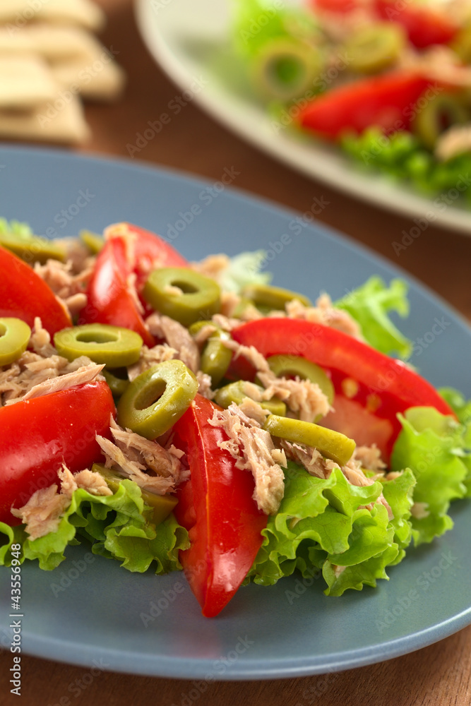 Fresh tuna, tomato and green olive salad on lettuce leaf Fresh tuna, tomato and green olive salad on lettuce leaf