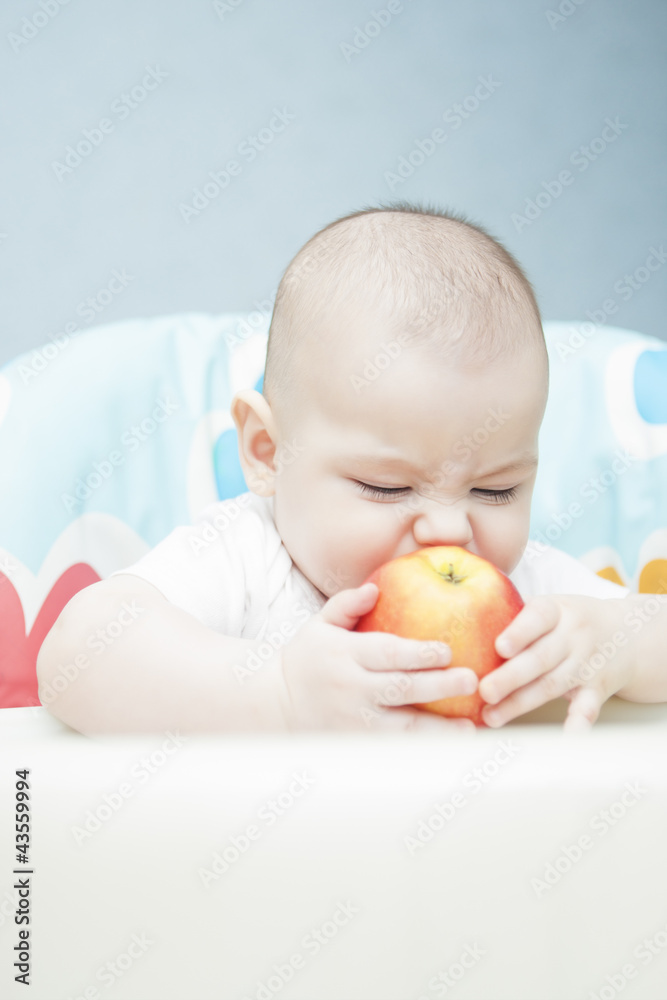 portrait of caucasian rosy-cheeked tot eating apple heartily portrait of caucasian rosy-cheeked tot eating apple heartily