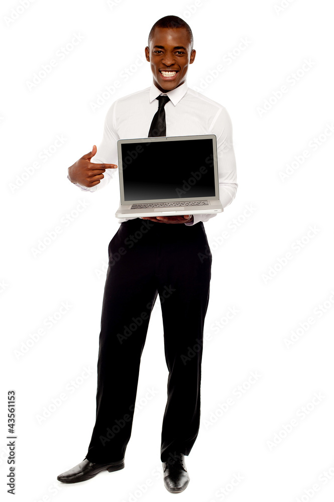 Cheerful male executive pointing at open laptop