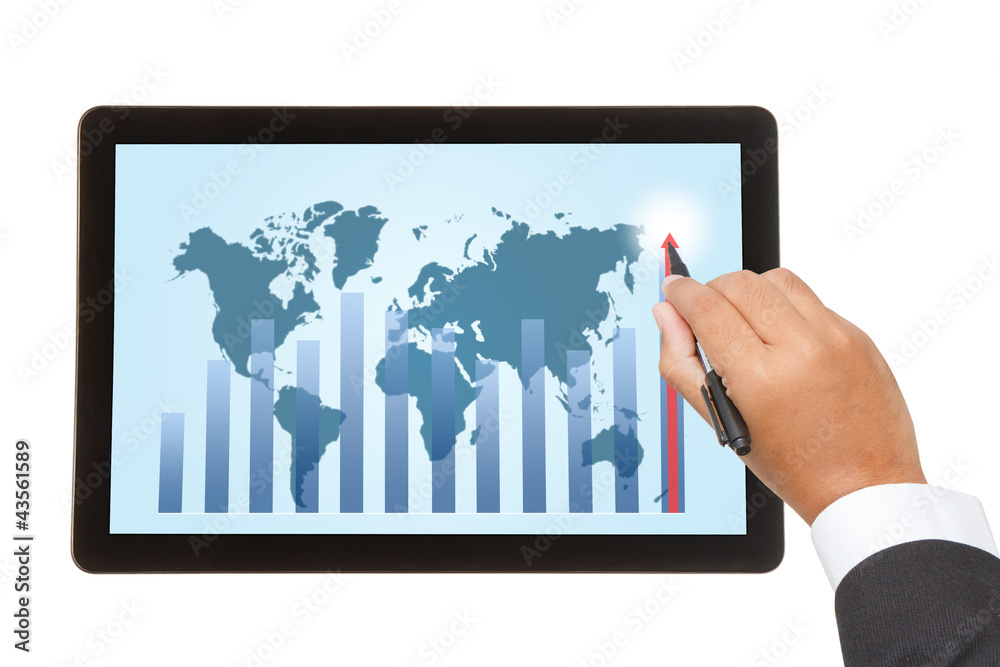 Business hand writing higher graph on tablet Business hand writing higher graph on tablet