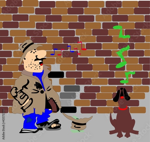 A down and out hobo and dog, singing for food or money