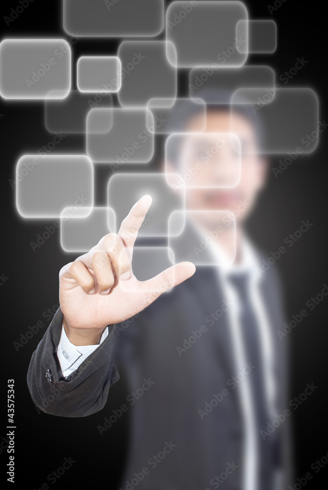 Businessman pushing Button on the whiteboard. Businessman pushing Button on the whiteboard.