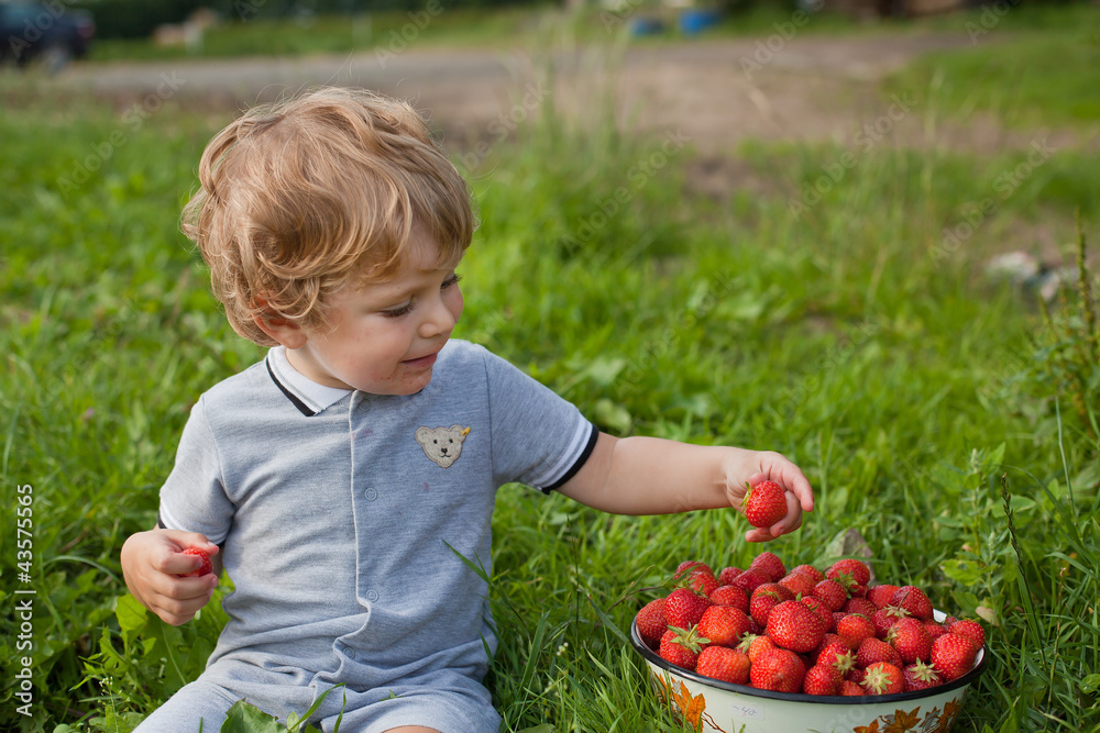 Sweet toddler with blond hairs on strawberry field Sweet toddler with blond hairs on strawberry field