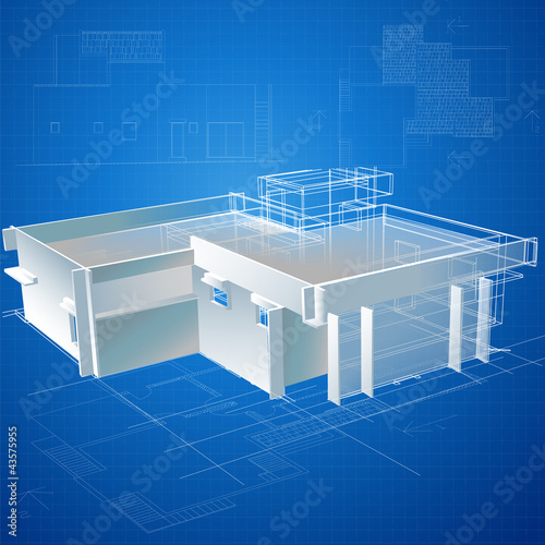 Architectural background with a 3D building model