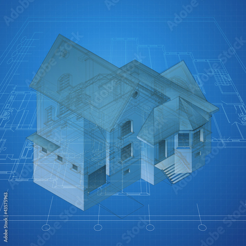 Architectural background with a 3D building model
