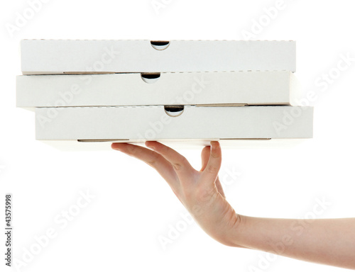 pizza box with hand  , isolated on white background