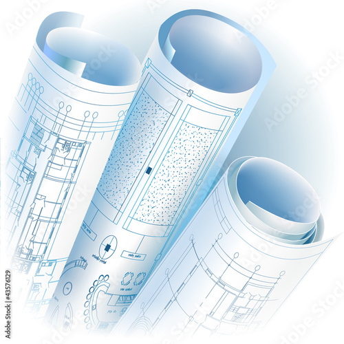 Architectural background with rolls of drawings