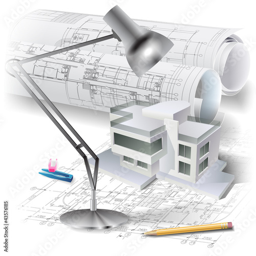 Architectural background with a 3D building model