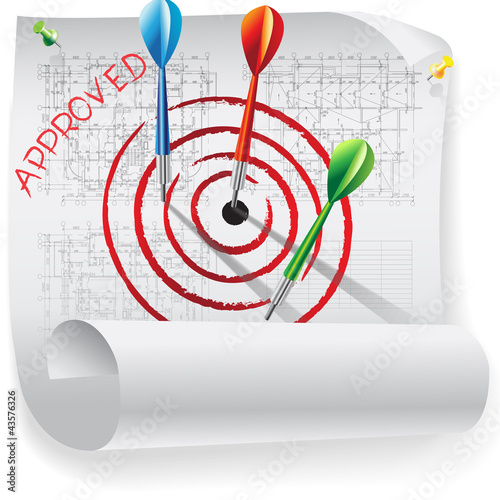 Architectural background with dart and rolls of drawings
