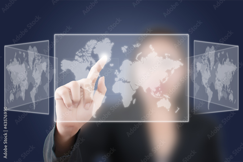 Business lady pushing Social Network button. Business lady pushing Social Network button.