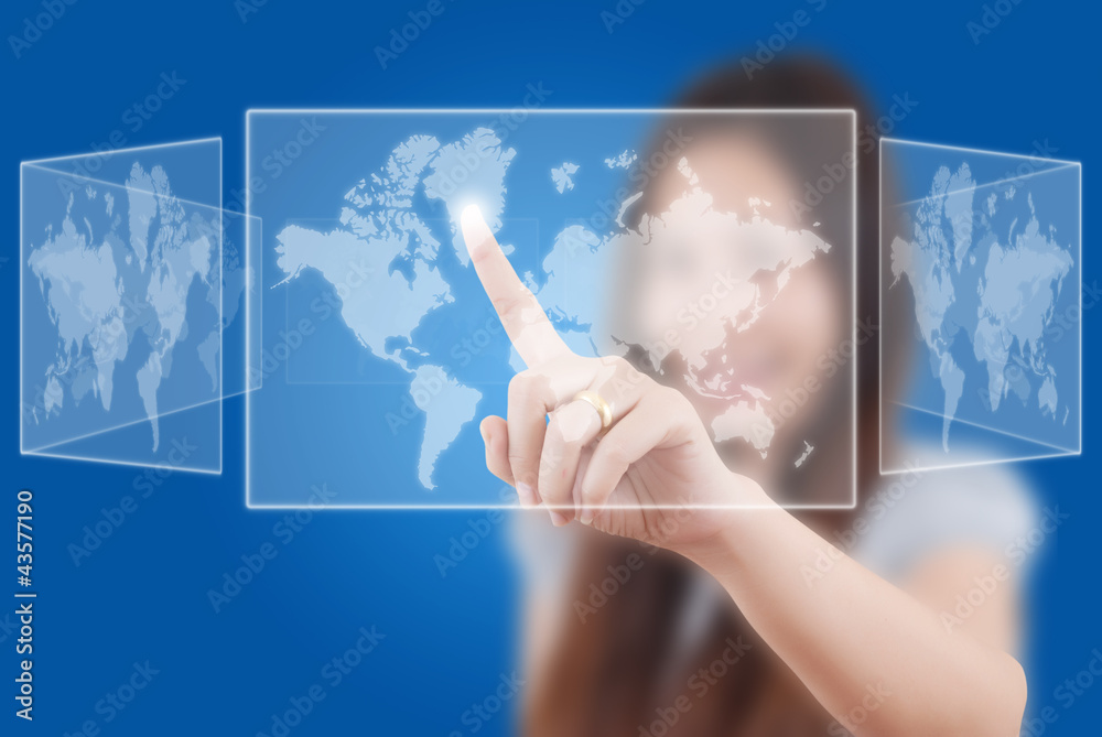 Business lady pushing Social Network button. Business lady pushing Social Network button.