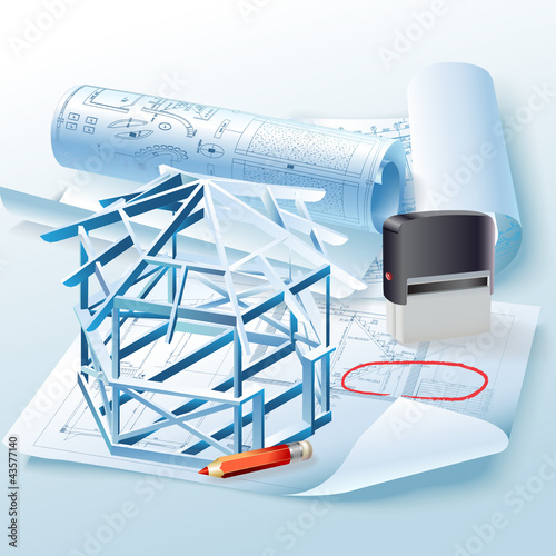 Architectural background with a 3D building model
