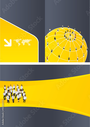 Yellow template with connected people over earth globe