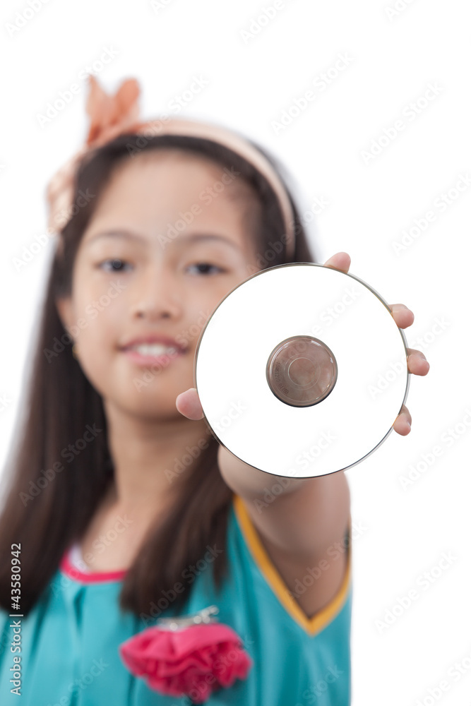 little girl show CD on her hand little girl show CD on her hand