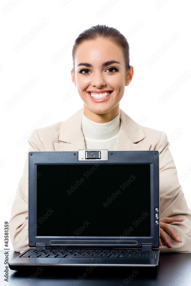 Businesswoman showing laptop with copyspace Businesswoman showing laptop with copyspace