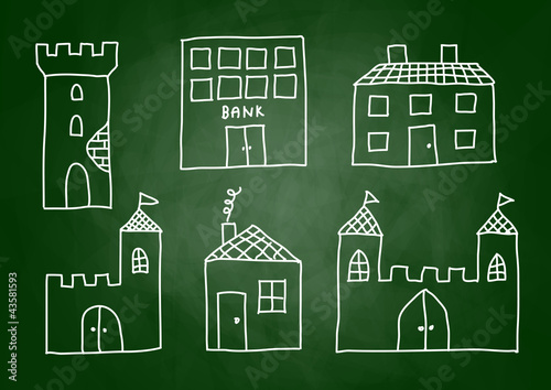 Drawing of buildings on blackboard