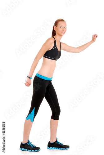 woman wearing black blue zumba fitness outfit