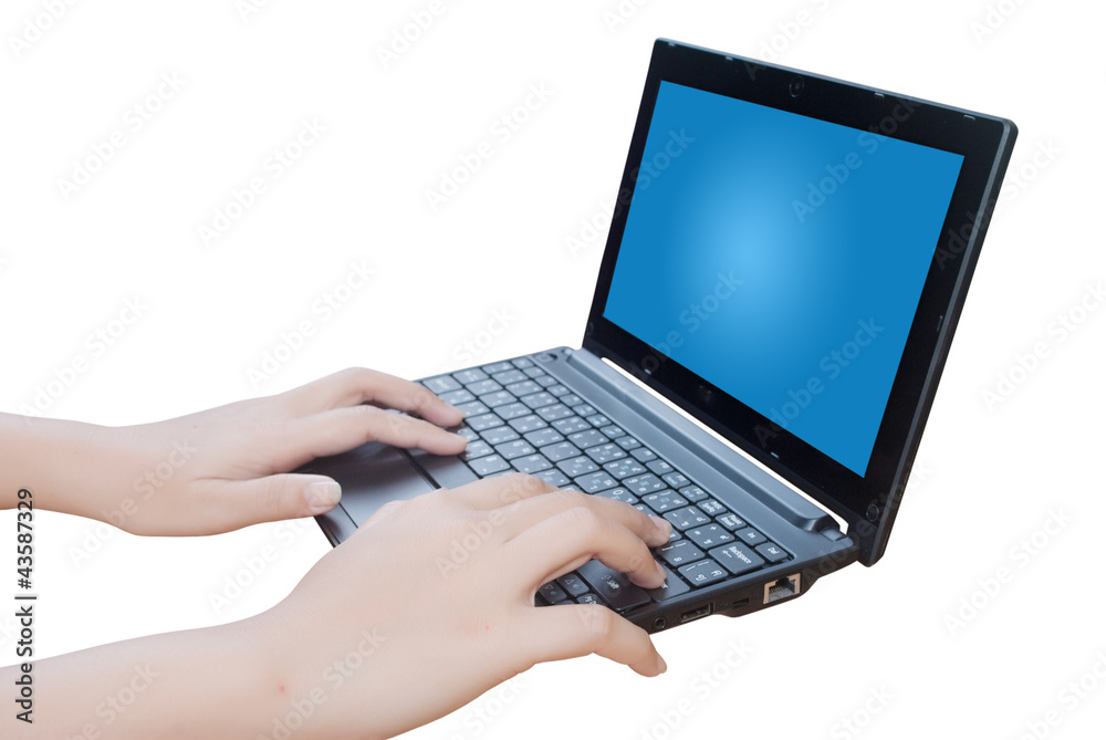 Hand pushing laptop keyboard. Hand pushing laptop keyboard.