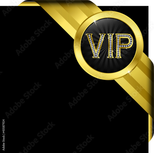 Vip golden label with diamonds and gold ribbons, vector