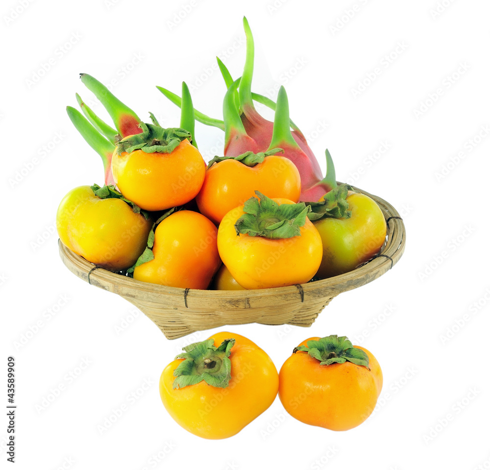 Dragon fruit and persimmon in the Basket. Dragon fruit and persimmon in the Basket.