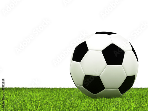Soccer ball on green grass and white background