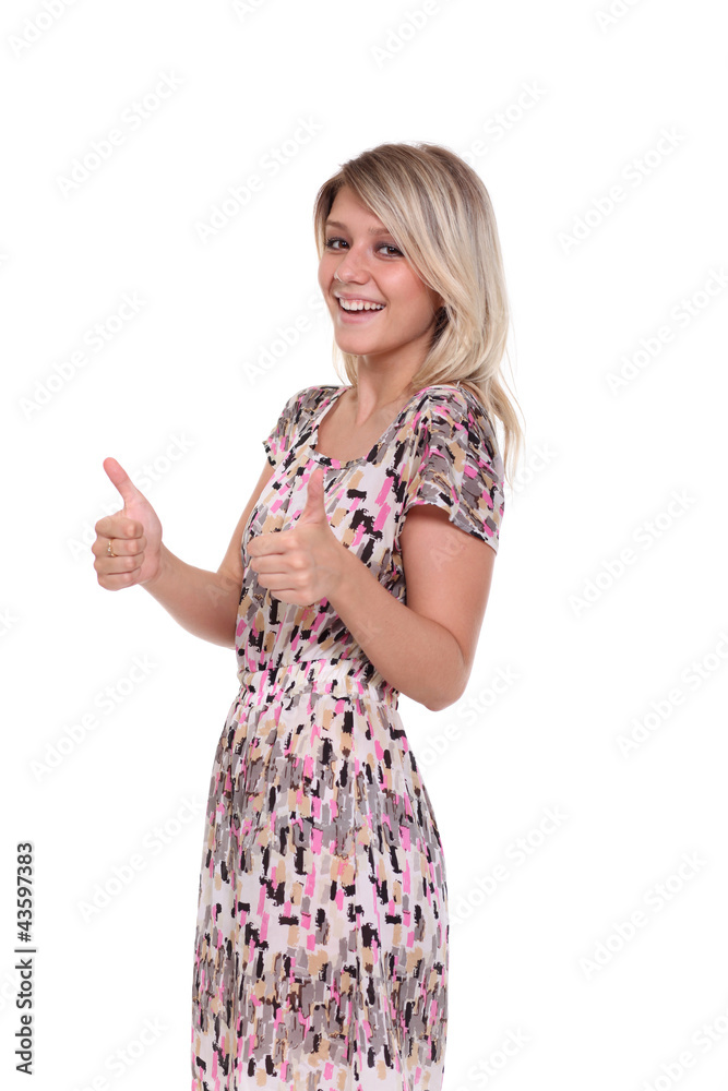 woman is showing thumb up gesture using both hands woman is showing thumb up gesture using both hands