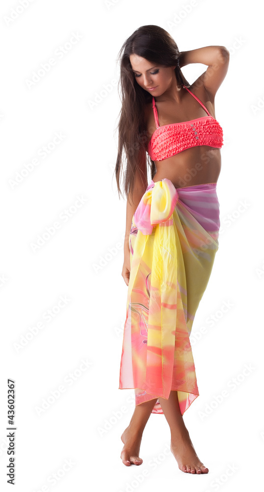 young woman posing in rose swimsuit and cape young woman posing in rose swimsuit and cape