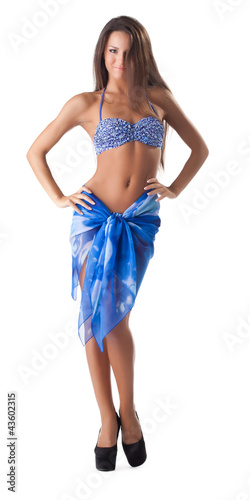 young sexy woman posing in blue bikini isolated