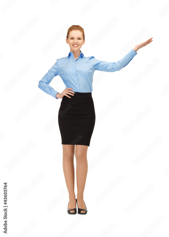 smiling stewardess showing direction smiling stewardess showing direction
