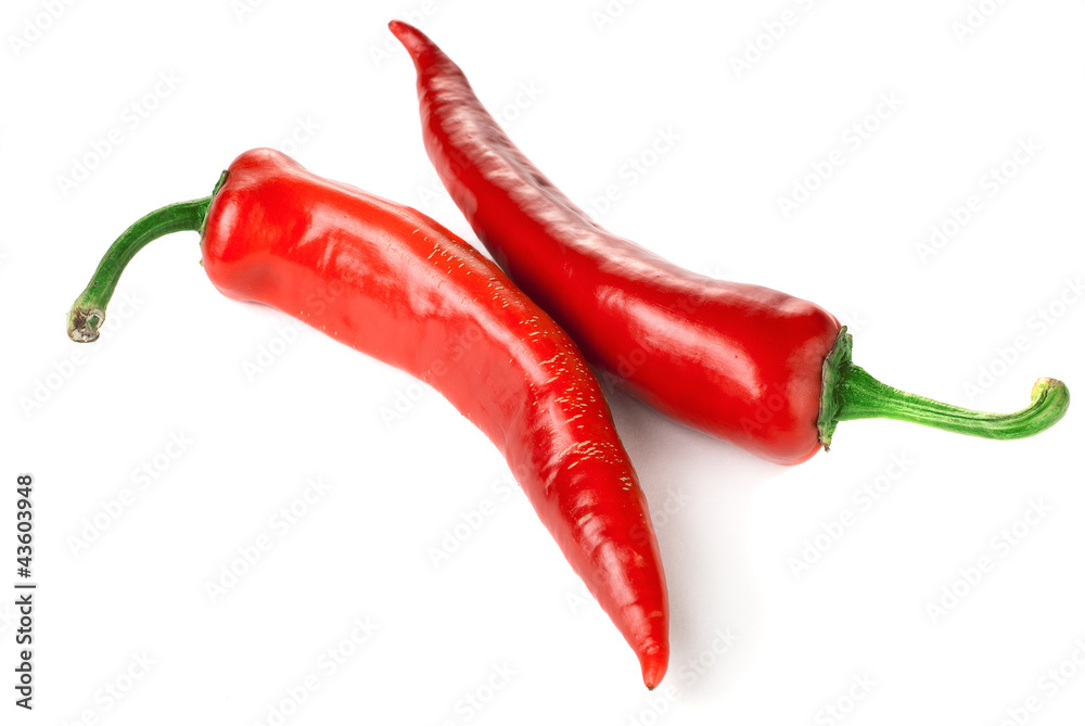 2 red chili peppers isolated on a white background
