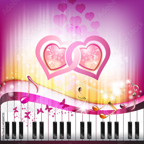 Piano keys with butterflies and hearts of love