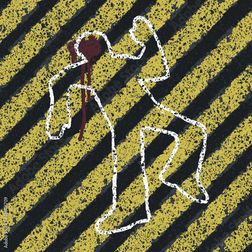 Murder Silhouette on yellow hazard lines. Accident prevention or