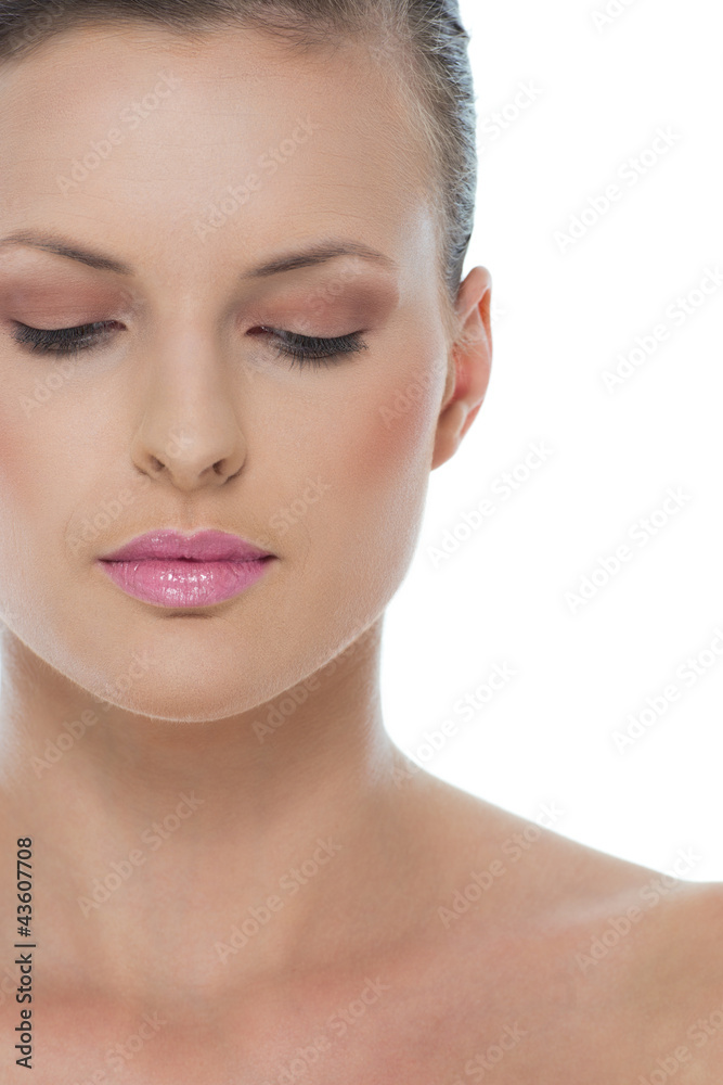Beauty portrait of woman with closed eyes isolated on white Beauty portrait of woman with closed eyes isolated on white