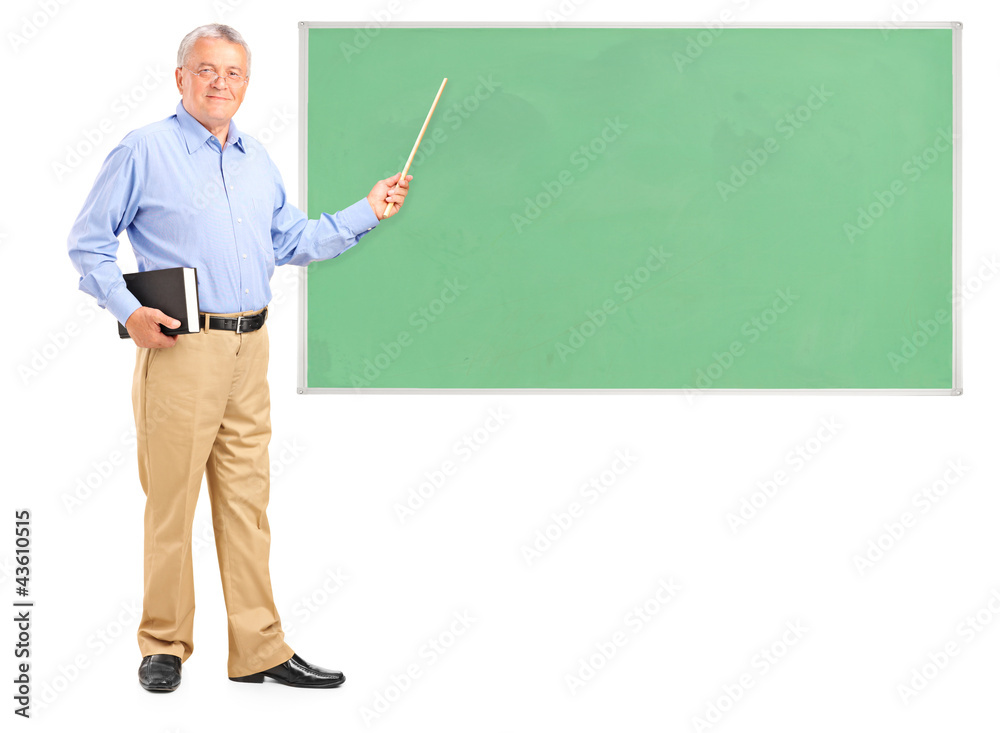 Male teacher holding a wand and green school board Male teacher holding a wand and green school board