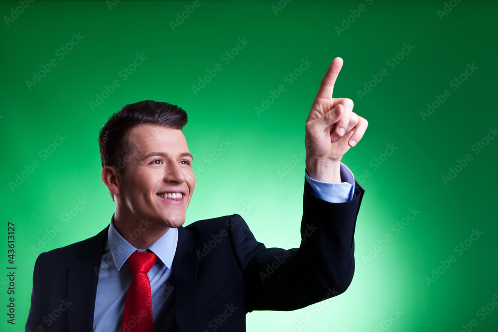 business man pushing imaginary digital buttons business man pushing imaginary digital buttons