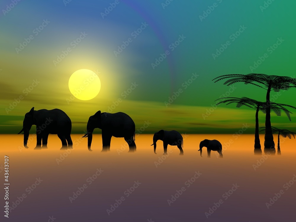 elephants and sun