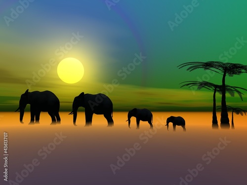 elephants and sun