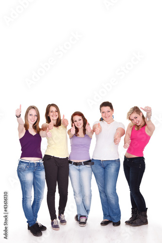 smiling friends holding thumb up gesture