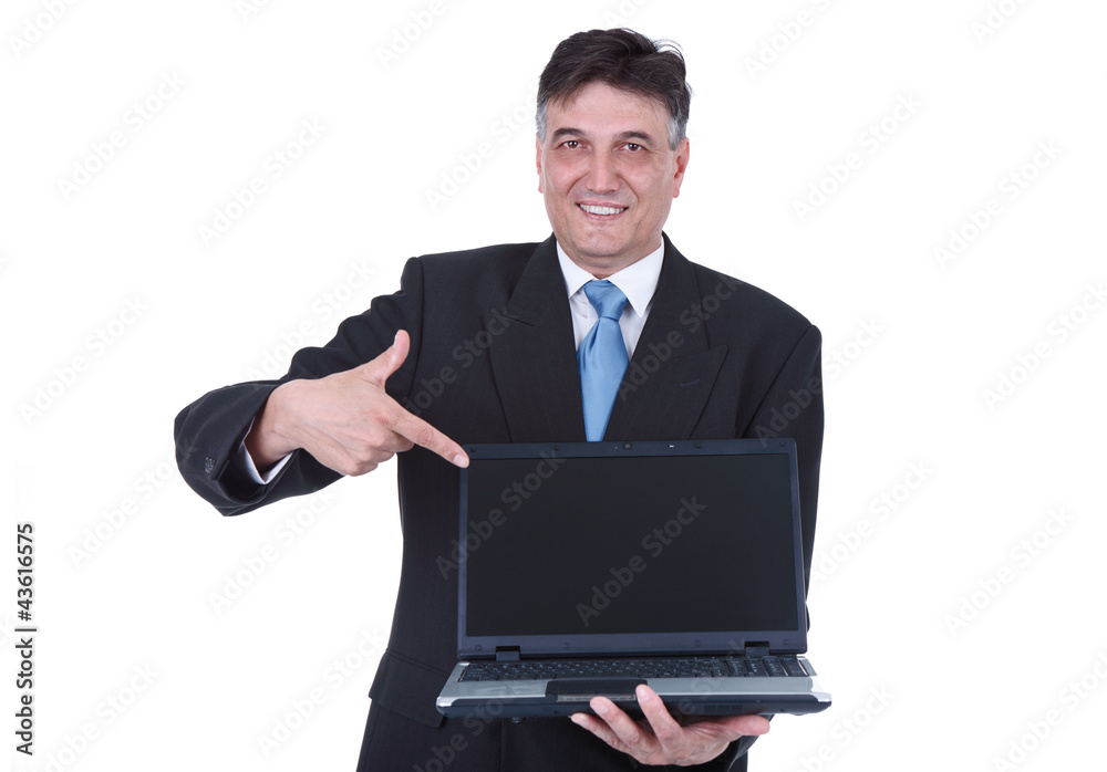 senior businessman pointing at laptop senior businessman pointing at laptop