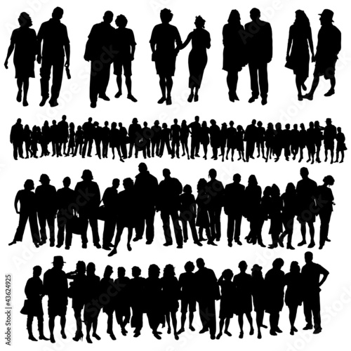 couple and big group of people vector silhouette